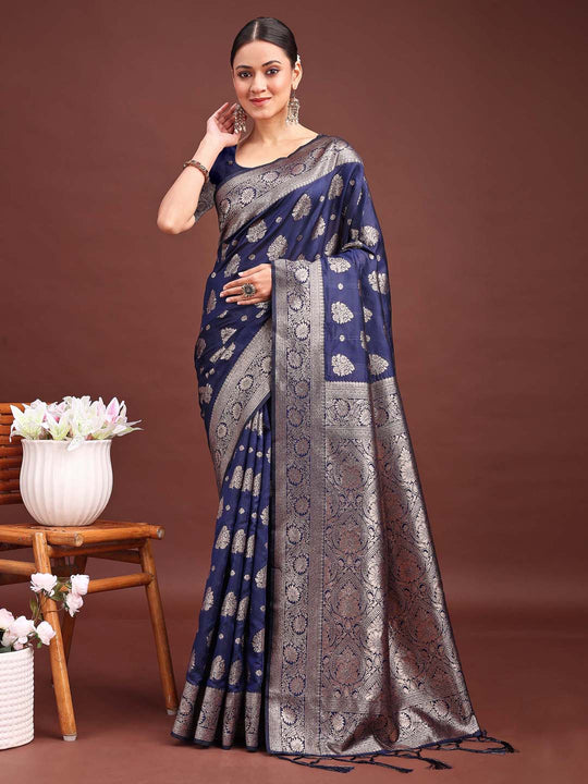 Navy Blue Banarasi Silk Saree With Blouse Piece