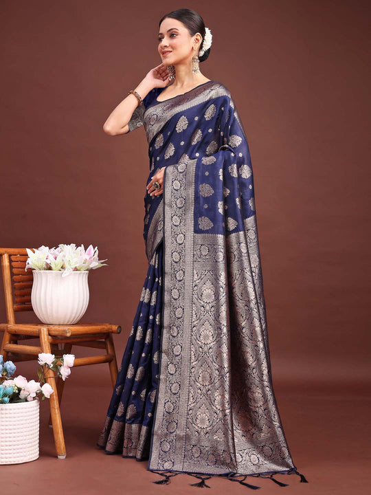 Navy Blue Banarasi Silk Saree With Blouse Piece