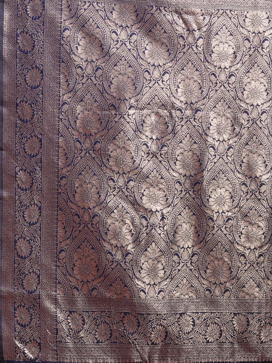 Navy Blue Banarasi Silk Saree With Blouse Piece