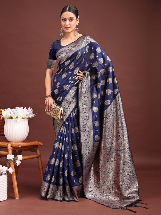 Navy Blue Banarasi Silk Saree With Blouse Piece
