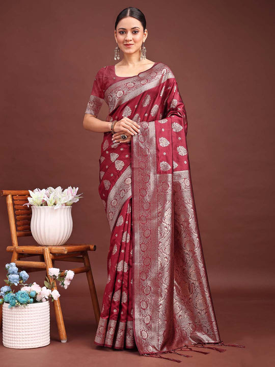 Maroon Banarasi Silk Saree With Blouse Piece