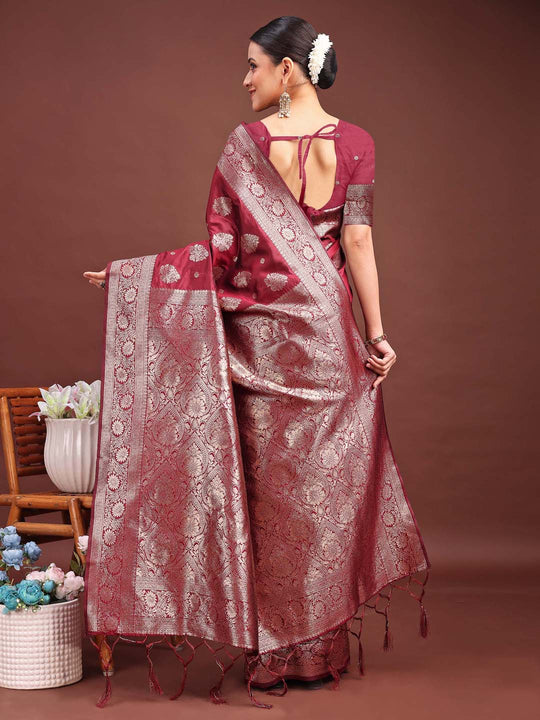 Maroon Banarasi Silk Saree With Blouse Piece