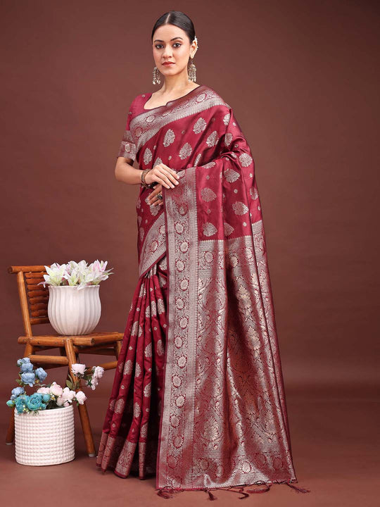 Maroon Banarasi Silk Saree With Blouse Piece