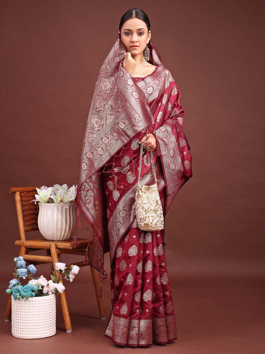 Maroon Banarasi Silk Saree With Blouse Piece