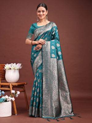 Sea Green Banarasi Silk Saree With Blouse Piece