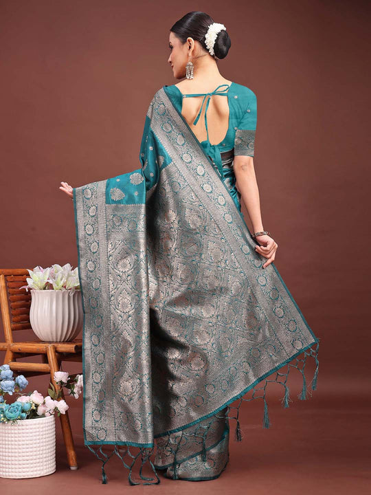 Sea Green Banarasi Silk Saree With Blouse Piece