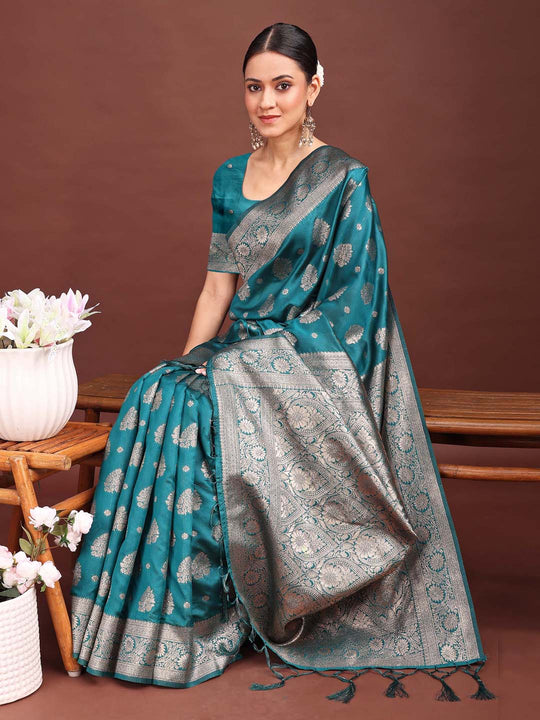 Sea Green Banarasi Silk Saree With Blouse Piece