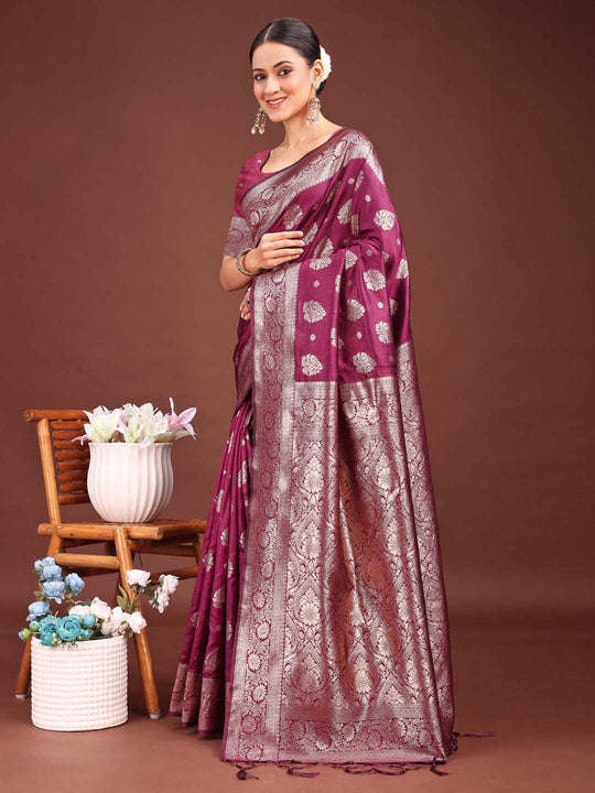 Purple Banarasi Silk Saree With Blouse Piece