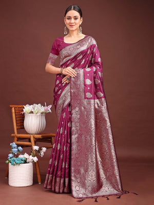Purple Banarasi Silk Saree With Blouse Piece