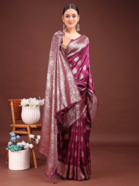 Purple Banarasi Silk Saree With Blouse Piece