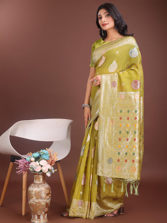 Mustard Linen Cotton Saree With Blouse Piece