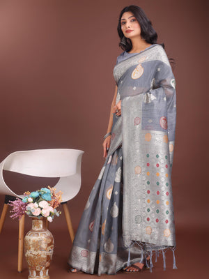 Grey Linen Cotton Saree With Blouse Piece