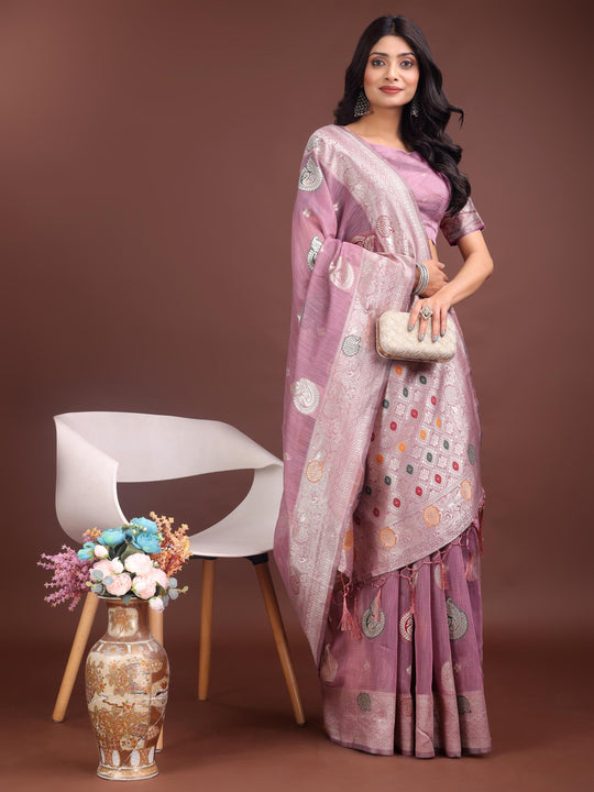 Purple Linen Cotton Saree With Blouse Piece
