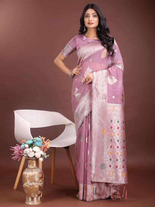 Purple Linen Cotton Saree With Blouse Piece