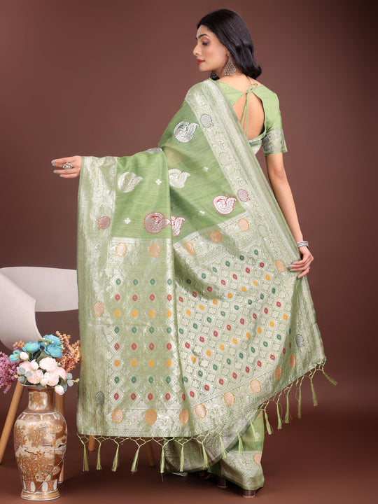 Light Green Linen Cotton Saree With Blouse Piece