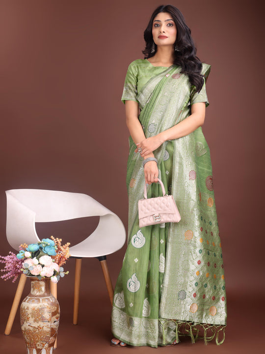 Light Green Linen Cotton Saree With Blouse Piece