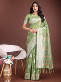 Light Green Linen Cotton Saree With Blouse Piece