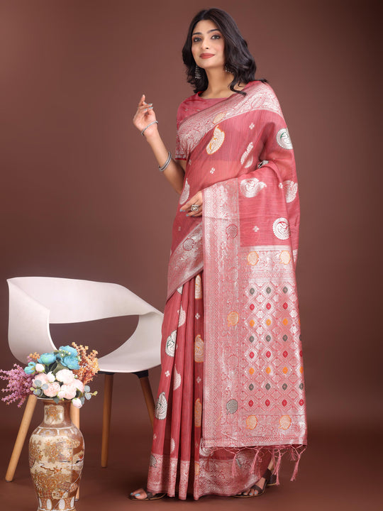 Pink Linen Cotton Saree With Blouse Piece