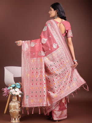 Pink Linen Cotton Saree With Blouse Piece