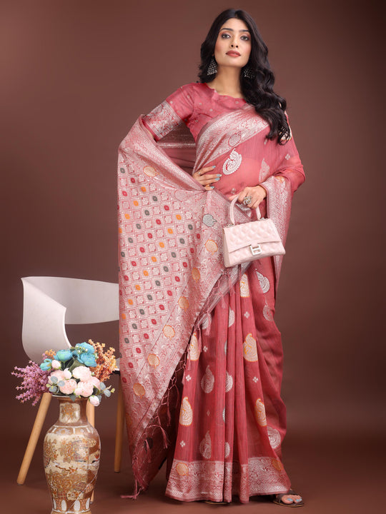 Pink Linen Cotton Saree With Blouse Piece