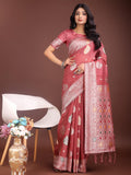 Pink Linen Cotton Saree With Blouse Piece