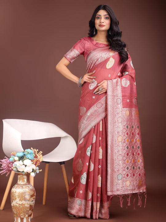 Pink Linen Cotton Saree With Blouse Piece