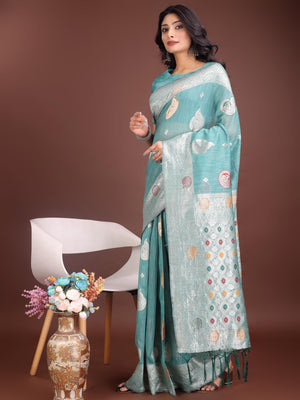 Sea Green Linen Cotton Saree With Blouse Piece