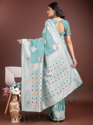 Sea Green Linen Cotton Saree With Blouse Piece