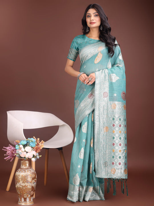 Sea Green Linen Cotton Saree With Blouse Piece