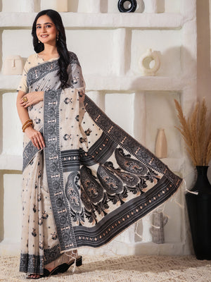Cream Linen Cotton Saree With Blouse Piece