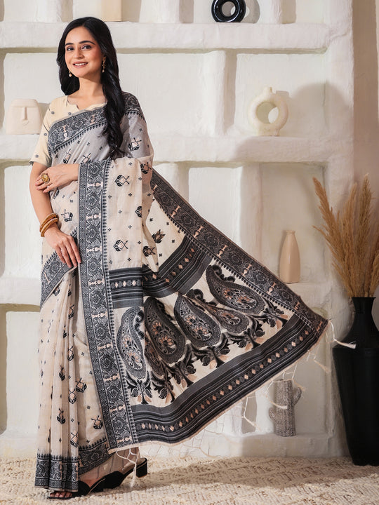 Cream Linen Cotton Saree With Blouse Piece