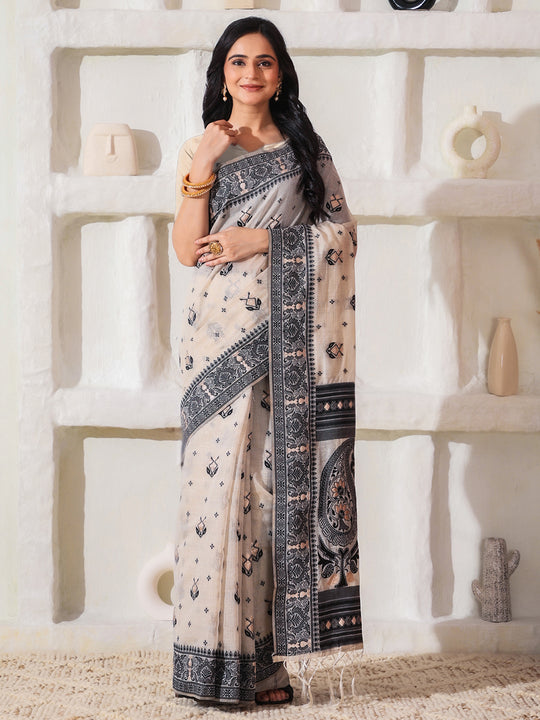 Cream Linen Cotton Saree With Blouse Piece