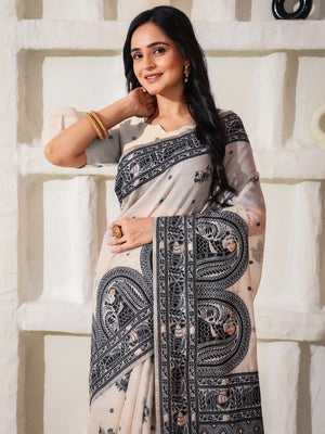 Cream Linen Cotton Saree With Blouse Piece