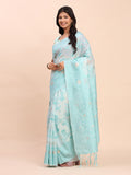 Sky Blue Linen Cotton Saree With Blouse Piece