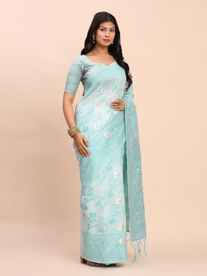 Sky Blue Linen Cotton Saree With Blouse Piece