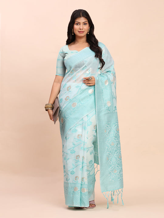 Sky Blue Linen Cotton Saree With Blouse Piece