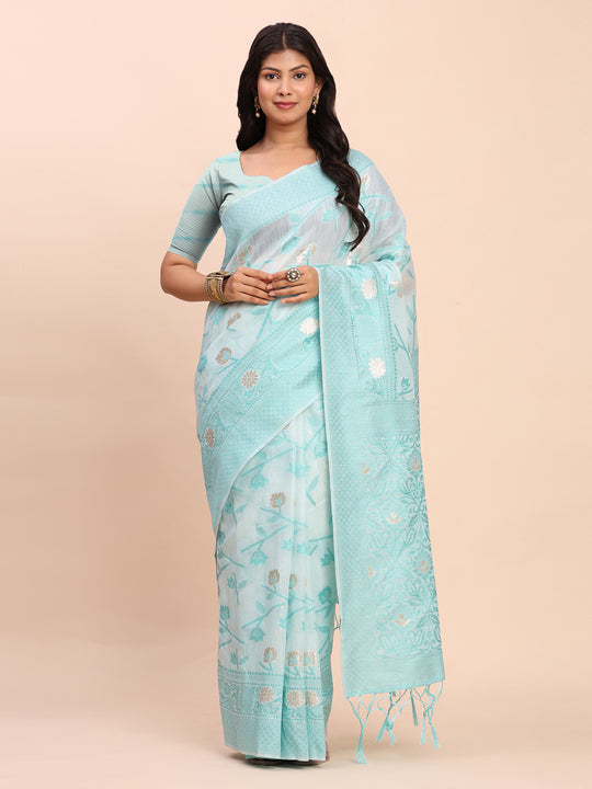 Sky Blue Linen Cotton Saree With Blouse Piece
