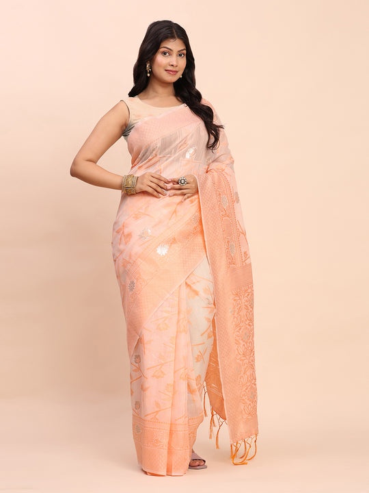 Peach Linen Cotton Saree With Blouse Piece