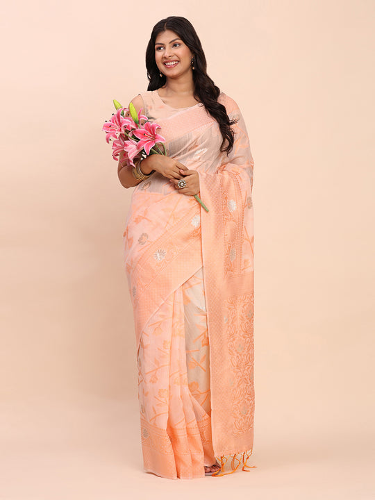 Peach Linen Cotton Saree With Blouse Piece