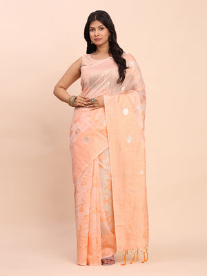Peach Linen Cotton Saree With Blouse Piece