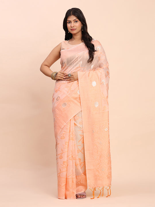Peach Linen Cotton Saree With Blouse Piece