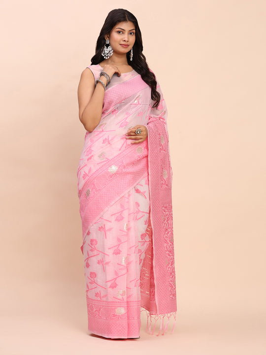 Light Pink Linen Cotton Saree With Blouse Piece