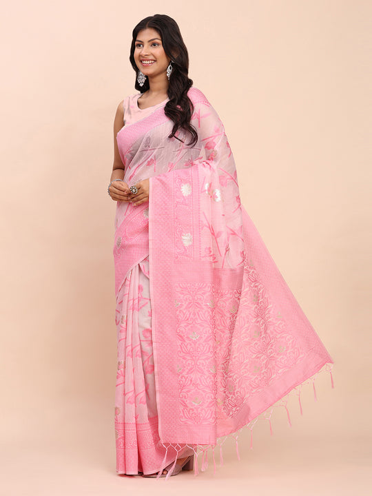 Light Pink Linen Cotton Saree With Blouse Piece