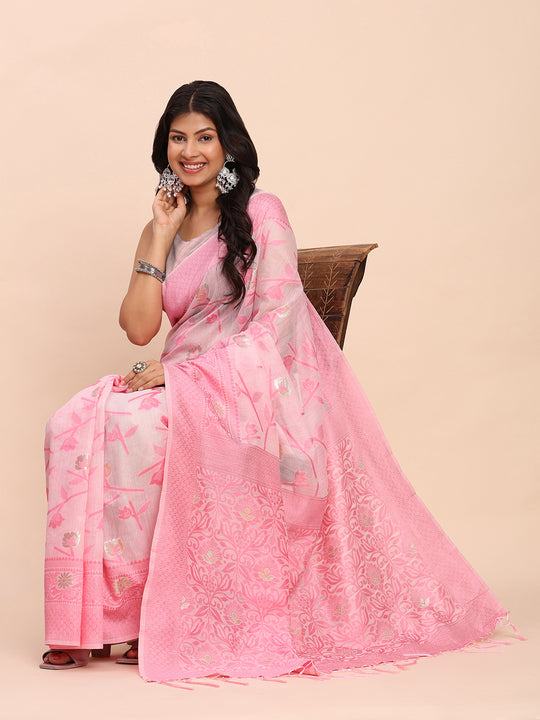 Light Pink Linen Cotton Saree With Blouse Piece