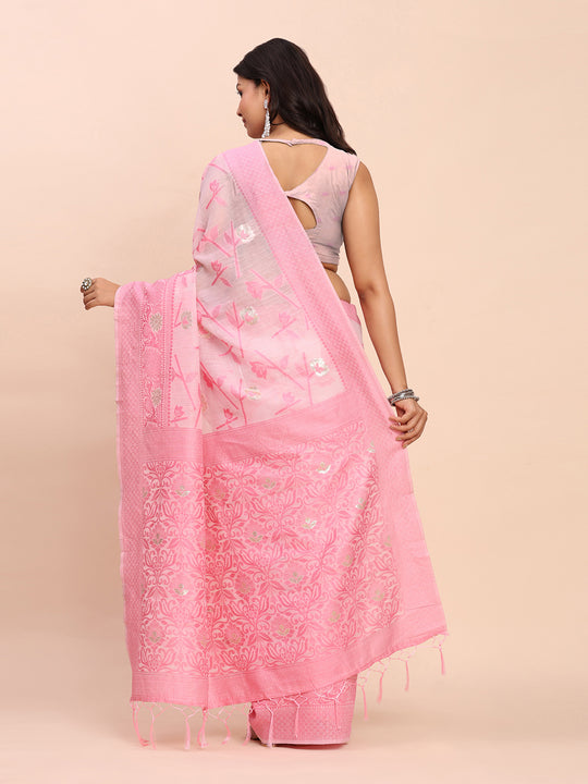 Light Pink Linen Cotton Saree With Blouse Piece