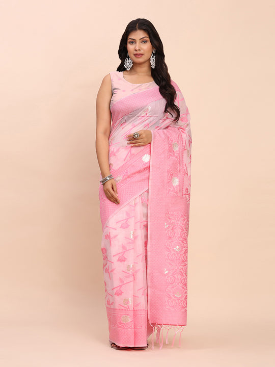 Light Pink Linen Cotton Saree With Blouse Piece