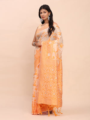 Orange Linen Cotton Saree With Blouse Piece