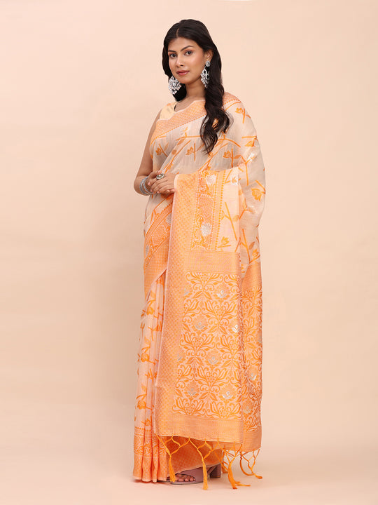 Orange Linen Cotton Saree With Blouse Piece