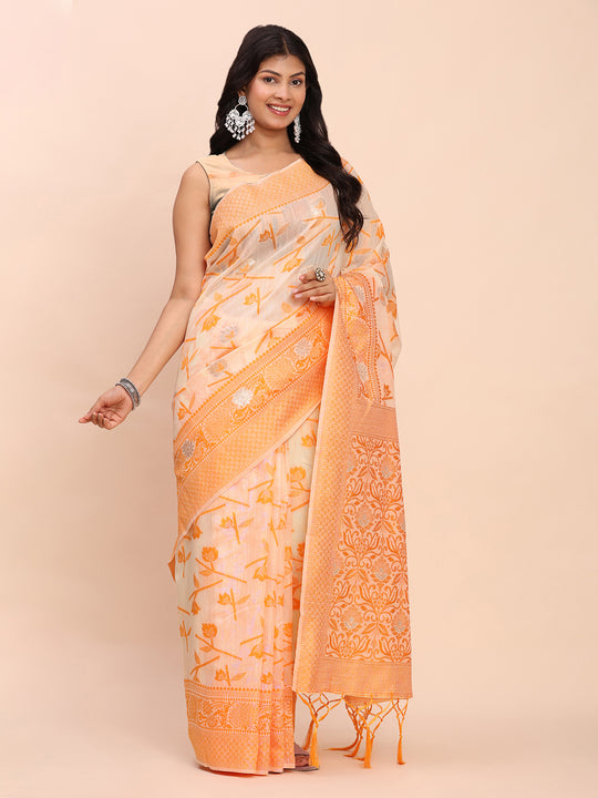 Orange Linen Cotton Saree With Blouse Piece