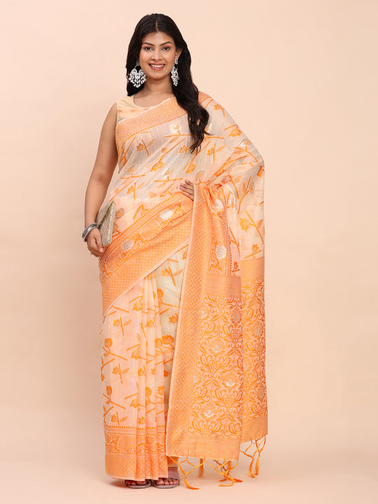 Orange Linen Cotton Saree With Blouse Piece